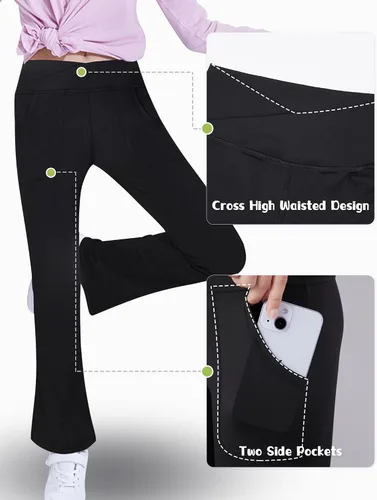 Miniatura 4 de Leggings para niñas, pantalones acampanados cruzados con bolsillos, color negro, suaves, elásticos, de cintura alta, para niños, yoga, danza