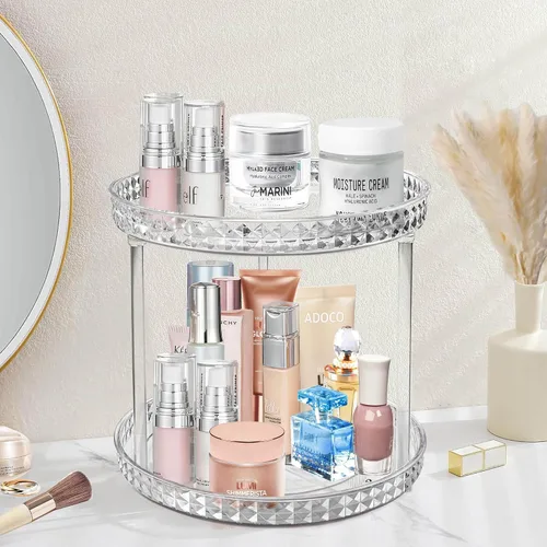 Organizador de baño Lazy Susan de 2 niveles, organizador de maquillaje cosmético giratorio transparente de 360 grados para tocador, organizador de