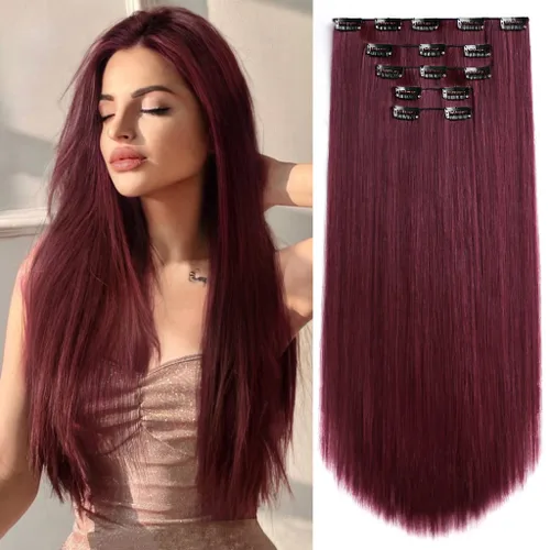 Miniatura 9 de Extensiones de cabello sintético con clip, color burdeos de 18 pulgadas de largo, invisibles, gruesas, extensiones de cabello lacio con clips, 5
