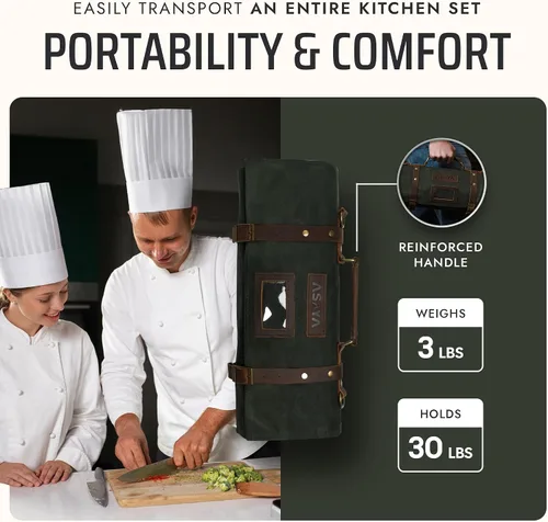 Miniatura 5 de Asaya Bolsa de lona encerada para cuchillos – Bolsa para cuchillos de chef de 15 ranuras con correas de cuero, bolsillo grande con cremallera y Verde