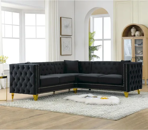 Miniatura 19 de KEIKI Sofá de terciopelo copetudo de 2 plazas para sala de estar, sofá con brazos cuadrados copetudos para apartamento en el hogar, color beige