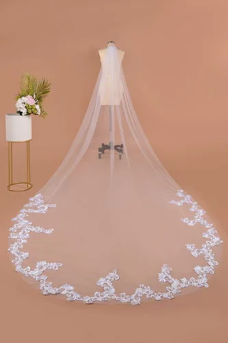 Miniatura 2 de MisShow Velos de boda de 2 niveles color blanco marfil con apliques de encaje y lentejuelas, longitud catedral, velo de novia + peine