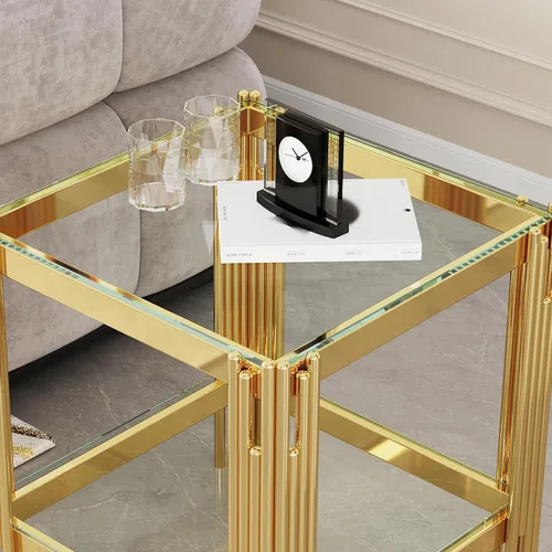 Miniatura 219 de Mesa de centro de cristal de lujo, mesa de centro de sofá de 47 pulgadas con marco de acero inoxidable dorado y parte superior de vidrio negro, mesa