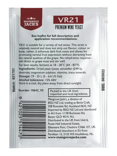 Miniatura 2 de Levadura de vino de manglares Jack's - VR21 0.28 oz trata 23L Fruta completa y rojos del país