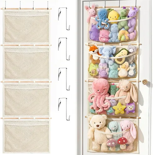 Almacenamiento de animales de peluche de gran capacidad con gancho de metal y palo de madera, organizador de juguetes de peluche colgante, hamaca de