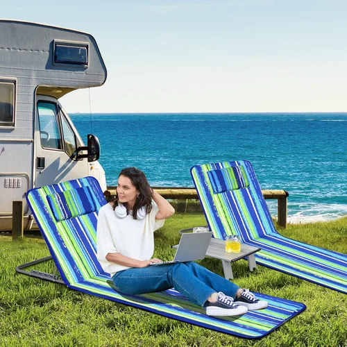 Miniatura 4 de COSTWAY Sillas de playa de 3 piezas, tumbona para exteriores con mesa auxiliar, 5 posiciones reclinables, sillas de bronceado ligeras y portátiles
