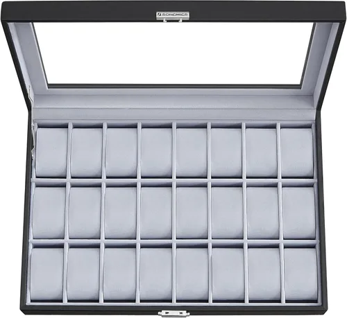 Miniatura 8 de SONGMICS 24 organizador y exhibidor negro de calidad superior, de vidrio, con funda para reloj, de piel sintética UJWB024
