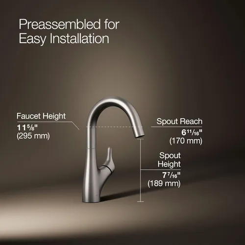 Miniatura 4 de KOHLER 30472-VS Rival - Grifo para fregadero de barra de un solo mango, boquilla oscilante arqueada, 1.5 GPM, memoria de temperatura, acero