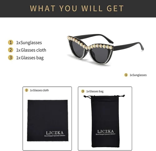 Miniatura 12 de LJCZKA Diamond Cat Eye Sunglasses Women Retro Jeweled Rhinestone Sun Glasses Sparkle Crystal Pearl Luxury Bling Eyewear