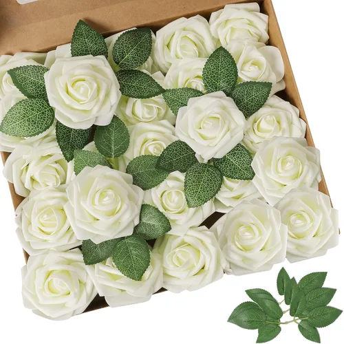 Miniatura 26 de AmyHomie 25 rosas artificiales beige de aspecto real con tallo para ramos de boda, centros de mesa, arreglos de fiesta, baby shower, día de San