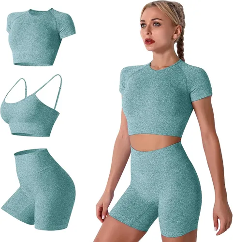 Conjunto de yoga para mujer, sin costuras, pantalones cortos de ejercicio de cintura alta con brasier deportivo, 3 piezas, conjunto deportivo