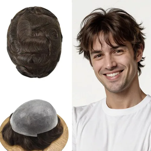 Miniatura 19 de FNY HAIR - Tupé para hombres, sistema de cabello humano, piel ultrafina, PU con bucle en V, prótesis de cabello natural para hombres, #1B05 1B# OFF