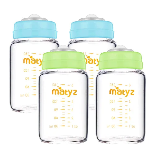 Matyz Contenedores de vidrio para almacenamiento de leche materna, paquete de 4, botella de 6 onzas, aptos con bomba Spectra Medela Avent - Botella