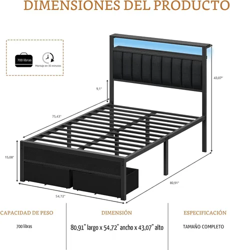 Miniatura 2 de Furnulem Marco de cama tamaño matrimonial con estación de carga y luces LED, cabecero tapizado en gris con estantes, cama de plataforma de metal