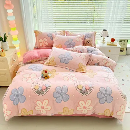 Miniatura 6 de Juego de funda de edredón de carrusel para niños, juego de ropa de cama kawaii rosa, tamaño Twin, funda de edredón y cobertor esponjosa con copos