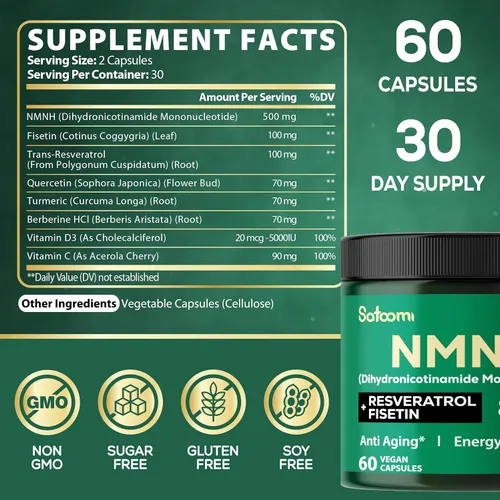 Miniatura 2 de Satoomi 8 en 1 NMNH - Suplemento alternativo de NMN - Suplemento NAD para apoyar los niveles de NAD añadidos de fisetina, resveratrol, quercetina