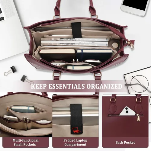 Miniatura 3 de BOLOSTA Bolsa para laptop para mujer, bolsa de trabajo de 15.6 pulgadas para mujer, bolsa grande de cuero impermeable para computadora con bolso