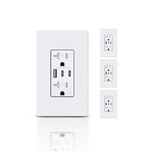 Miniatura 34 de TOPELER - Toma de corriente para montaje en pared con puertos USB 6.0A, dos tomas eléctricas de 20 amperios, tomas y puertos resistentes a la Negro