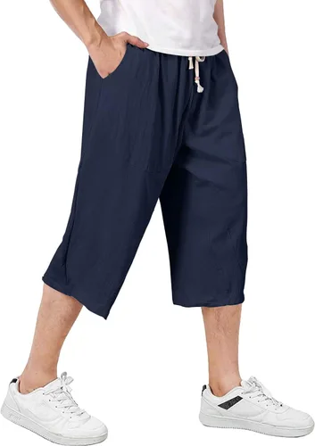 MAGCOMSEN Pantalones capri para hombre con 4 bolsillos pantalones cortos de lino holgados de pierna ancha pantalones cortos capri casuales para yoga