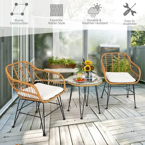 Miniatura 8 de Tangkula Juego de 3 piezas de patio bistró, juego de conversación de ratán con 2 sillones acolchados y mesa de centro redonda de cristal, juego