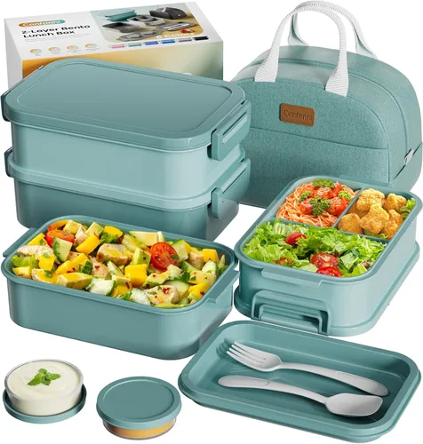 Miniatura 11 de Caja Bento para Adultos con Bolsa de Almuerzo Aislada, Capacidad de 74 oz, 3 Cajas Bento Apilables a Prueba de Fugas con Utensilio y Salsa