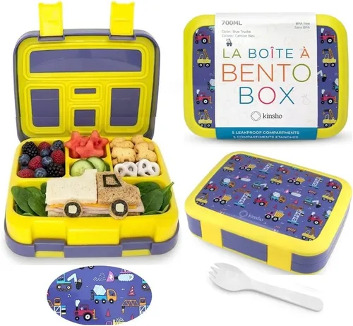Miniatura 24 de Lonchera Bento con bolsa aislada, juego de botella de agua para niños pequeños, 5 secciones de porciones, bandeja extraíble sin BPA, almuerzos
