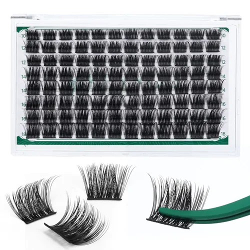 Miniatura 99 de KEYYOU Racimos de pestañas, 96 piezas de extensiones de pestañas DIY, rizado D de 16 mm, negro, realista, no irritante, fácil de colocar en casa