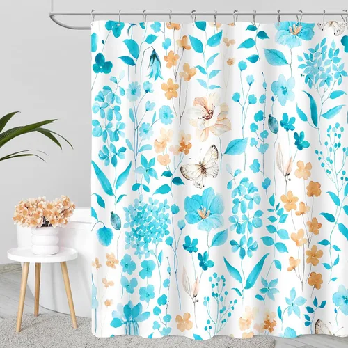 MAYZUS Cortina de ducha con flores azules acuáticas, lindas cortinas de tela con flores para baño, juego de cortinas de tela de aguamarina con