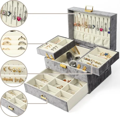 Miniatura 3 de Dajasan Velvet Jewelry Boxes Women Jewelry Organizer Box 3- Layer Large Jewelry Storage Case for Birthday Mothers Day Valentines Day Grey