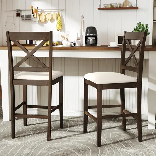 Miniatura 12 de Giantex 24" Bar Stools Set of 2, Farmhouse Counter Height Barstools w/Footrest, Cross Back, Comfortable Linen Cushion, Upholstered Wood Bar Chairs