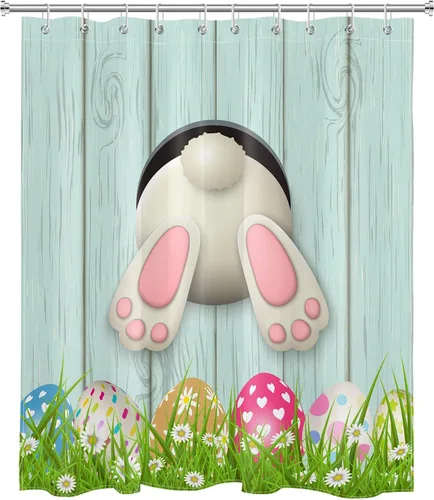LB Cortina de ducha de conejo de Pascua, diseño de conejo de dibujos animados, huevos coloridos en hierba verde, margarita, flores, tablero de