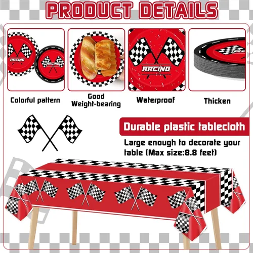 Miniatura 3 de 98 piezas de suministros de fiesta de coches de carreras rojos, servilletas, manteles de carreras, juego de vajilla de carreras con bandera a