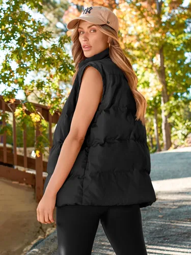 Miniatura 4 de AUTOMET Chaleco acolchado para mujer, sin mangas, con cremallera, cálido, acolchado, ligero, con bolsillo, chaquetas de otoño e invierno 2024