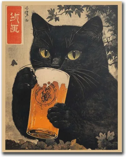 Miniatura 7 de SENLYCH Póster de pintura en lienzo e impresión vintage de gato negro con cerveza, impresión de arte japonés, gato negro bebiendo cerveza, póster