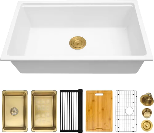 Miniatura 8 de Fregadero de cocina blanco de 25 pulgadas, fregadero de estación de trabajo compuesto de cuarzo de granito para montaje inferior, cuenco individual
