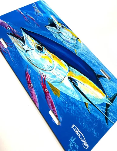Miniatura 7 de Lobo Lures Bigeye Atún Chasing Squif por Mark Ray Auto Vanity Plate Garage o Mancave Art, placa de aluminio con revestimiento UV
