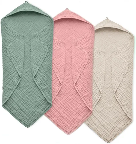 Miniatura 8 de Toallas de bebé con capucha para recién nacido, 35 x 35 pulgadas, paquete de 3 toallas de baño 100% algodón de muselina para bebé, toallas de playa