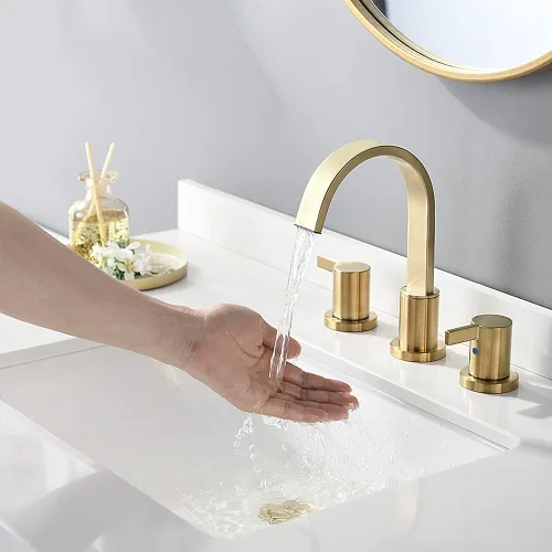 Miniatura 9 de Phiestina Grifo de lavabo de baño de oro cepillado generalizado de 8 pulgadas con 3 agujeros y 2 manijas con drenaje emergente de metal, WF040-1-BG