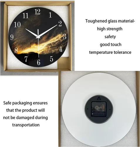 Miniatura 7 de Reloj de pared moderno negro y dorado con pilas, reloj de pared silencioso de 12 pulgadas, reloj de pared de vidrio sin tictac para sala de estar