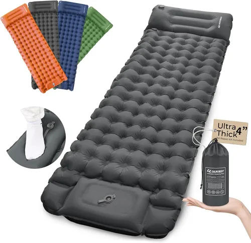 Miniatura 7 de Colchoneta de dormir inflable de 4 pulgadas de grosor con almohada ajustable y bomba de pie integrada, colchón de aire ligero para acampar con Verde