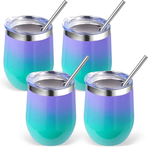 Miniatura 40 de Volhoply - Juego de 12 vasos de vino de 12 onzas con tapa, hechos de acero inoxidable con aislamiento al vacío de doble pared, vasos de vino sin Rosa