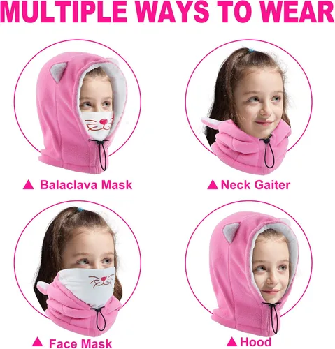 Miniatura 5 de Vorshape Pasamontañas para niños, máscara de esquí para clima frío, máscara facial de forro polar con capucha, resistente al viento, sombrero