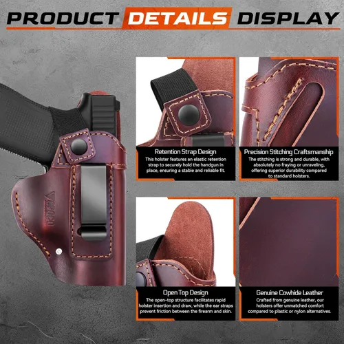 Miniatura 5 de IWB/OWB - Funda de cuero universal para pistola oculta para hombres y mujeres, compatible con Glock 17/19/23/26/42/43X Taurus G2/G2C/G3C Sig