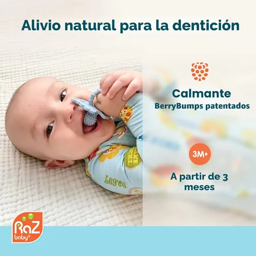Miniatura 2 de RaZbaby RaZberry - Mordedor de silicona y chupete para alivio de la dentición en bebés, grado alimenticio, libre de BPA, diseño manos libres