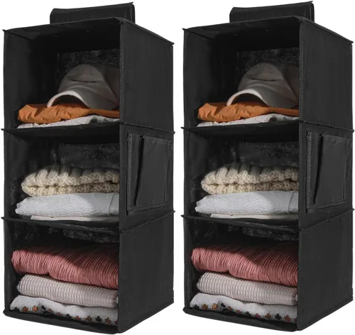 Miniatura 9 de Paquete de 2 organizadores colgantes para armario, estantes colgantes de 4 niveles para armario con inserciones de bambú resistentes, color negro