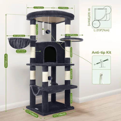 Miniatura 7 de Globlazer Torre esquinera para gatos de interior, torre de condominio de 51 pulgadas para gatos de varios niveles con hamaca grande, 7 postes