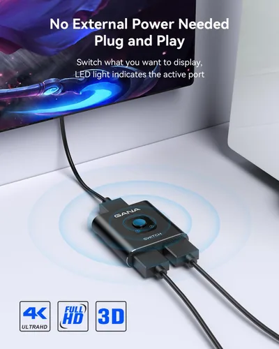 Miniatura 6 de GANA - Conmutador HDMI aluminio bidireccional, con capacidad de 4K a 60 hercios y salida divisora de 2 en 1, hub HDMI 3D apto para Xbox, PS5/4/3