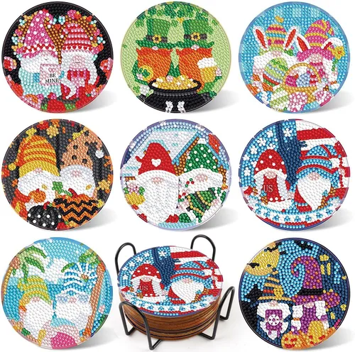 Kit de 8 posavasos de pintura de diamante con soporte, posavasos de gnomo 5D de diamante, manualidades de arte de diamante, posavasos de diamante 8