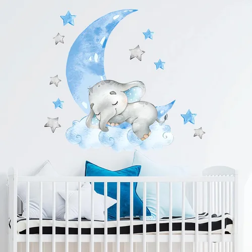 Miniatura 3 de Calcomanías de pared de elefante azul dormido, diseño de luna y estrellas de sacinora para bricolaje, vinilo extraíble, despegar y pegar para niños