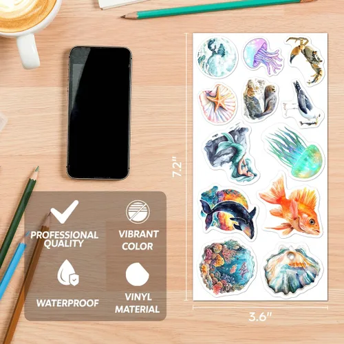Miniatura 3 de Paquete de calcomanías de vinilo con estética oceánica con sirenas, conchas marinas, criaturas marinas para laptop, botella de agua, álbum
